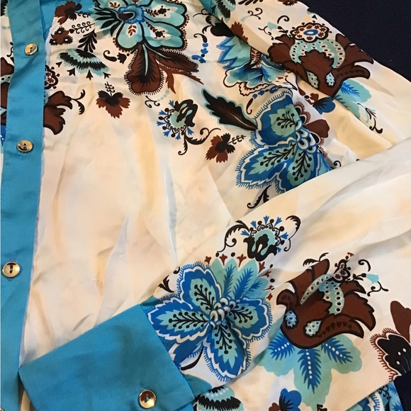 Zara Tops Zara Floral Satin Alike Turquoise Floral Print Buttons Up